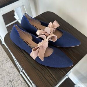 Rothy's Navy Blue Flats with Blush Pink Bow